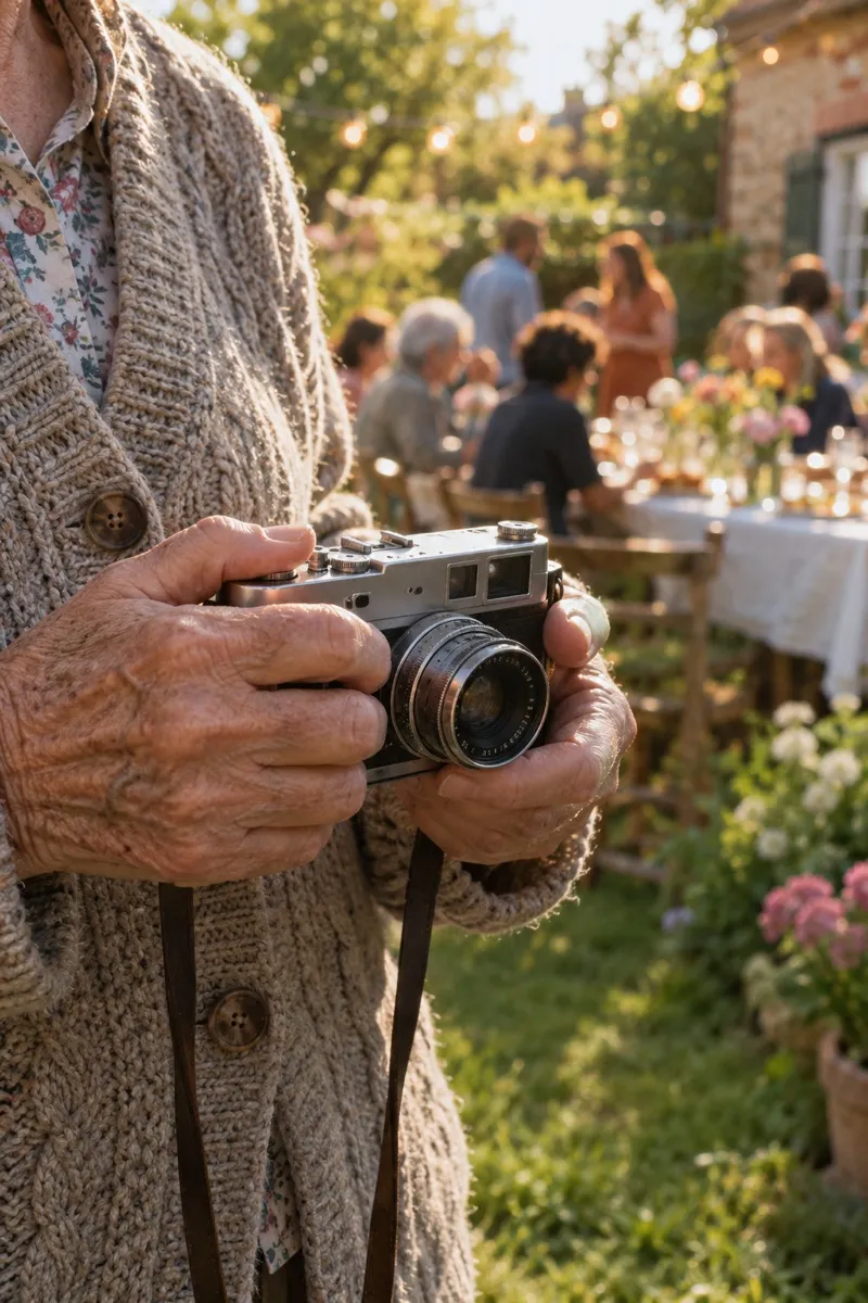 An older person's hands holding a camera in a sunny garden.