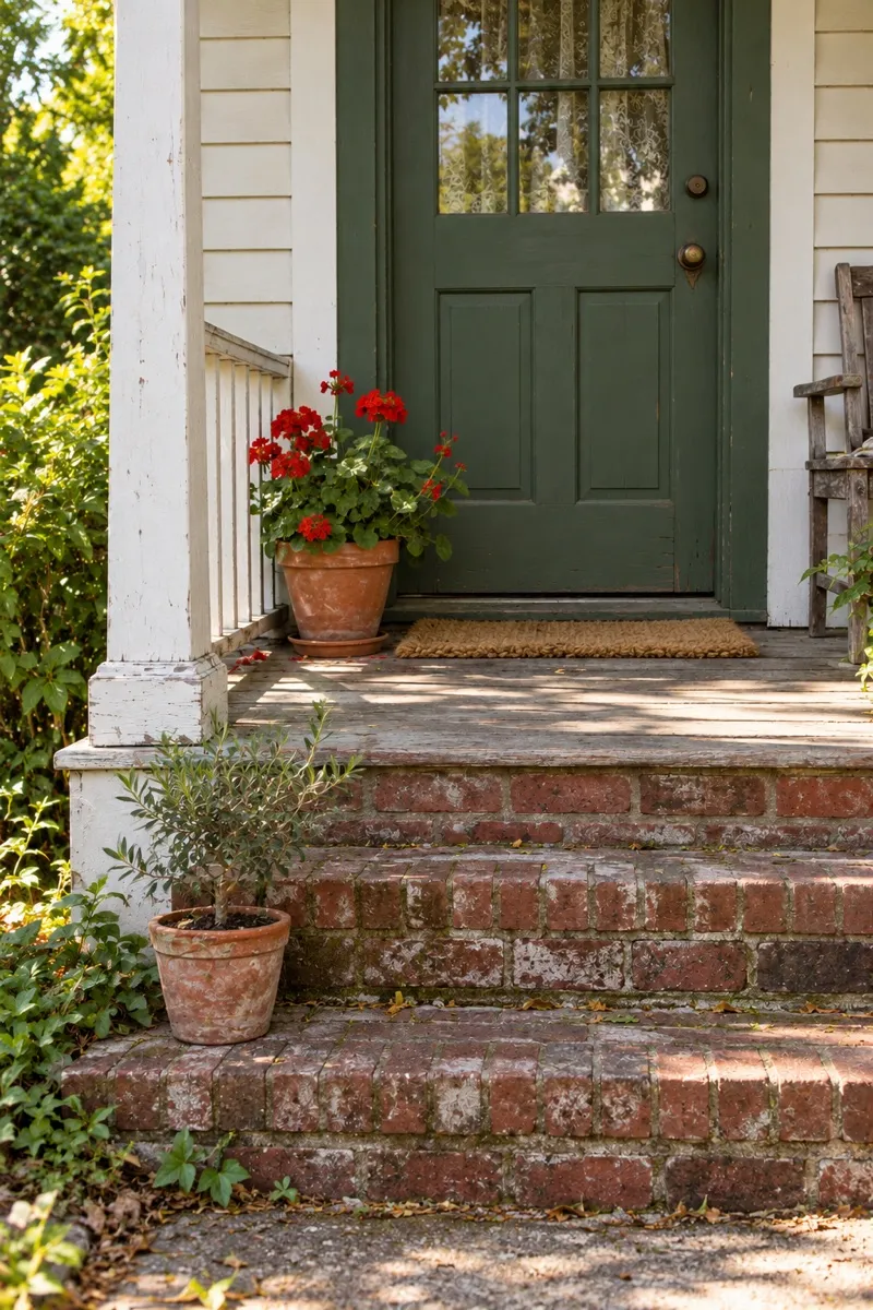 The same porch later, with a green door and a potted tree on the steps.