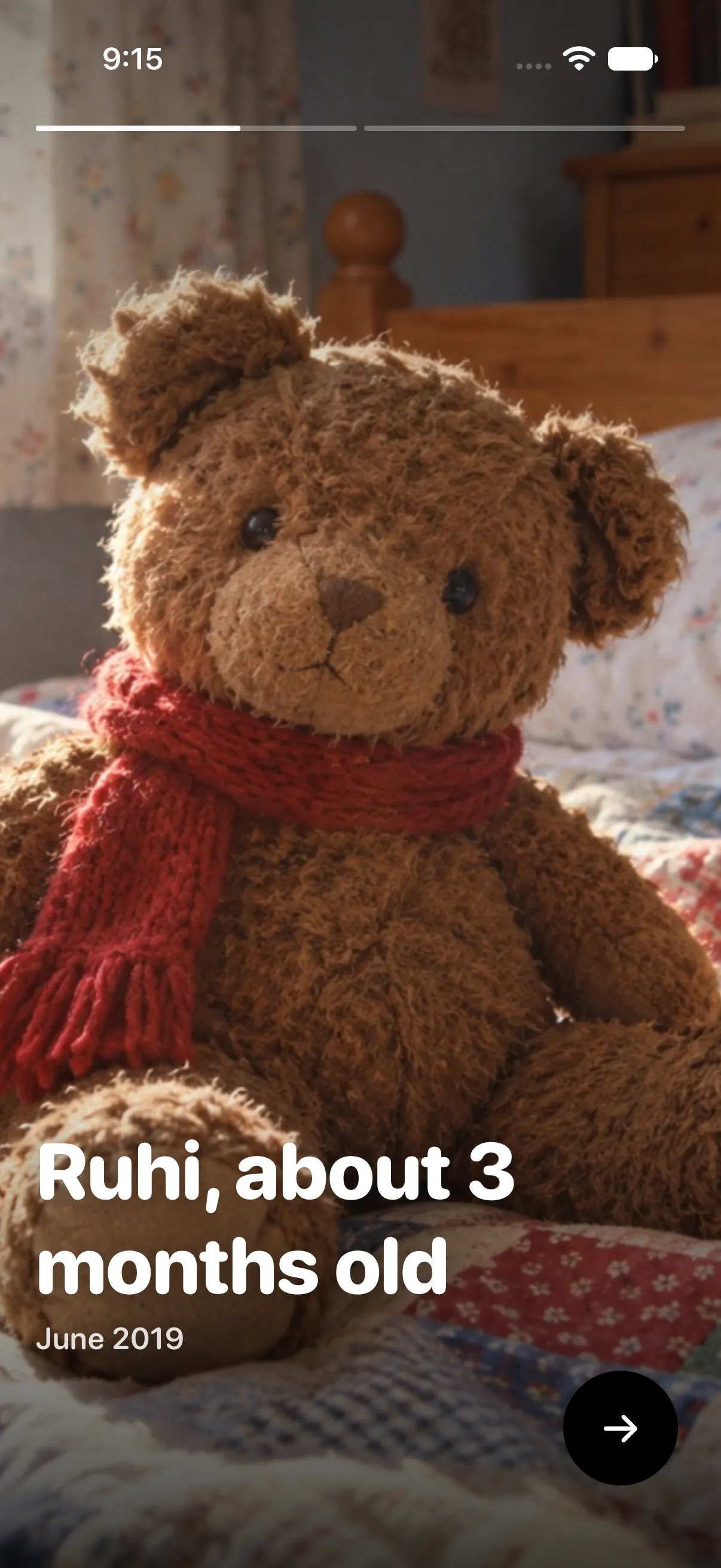 A story frame of a teddy bear captioned Ruhi, about 3 months old.